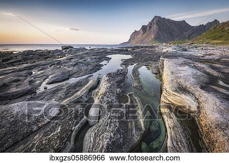 Rock formations with tidal pools, coastline, mountain range in the back and tiny landscape photographer with tripod, Vikten, Nordland, Lofoten, Norway, Europe View Large Photo Image Stock Photograph - Rock formations with tidal pools, coastline, mountain range in the back and tiny landscape photographer with tripod, Vikten, Nordland, Lofoten, Norway, Europe. Fotosearch