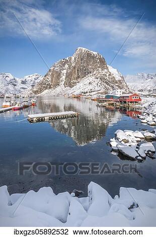 Rorbuer fishermen's cabins on the snowy fjord, village view of the fishing village Hamnoy, Hamnøya, Moskenesøy, Hamnoy, Nordland, Lofoten, Norway, Europe View Large Photo Image Stock Image - Rorbuer fishermen's cabins on the snowy fjord, village view of the fishing village Hamnoy, Hamnøya, Moskenesøy, Hamnoy, Nordland, Lofoten, Norway, Europe. Fotosearch