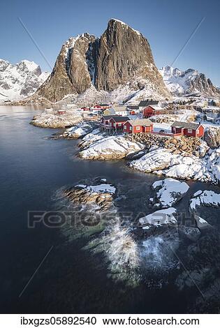 Rorbuer fishermen's cabins on the snowy fjord, village view of the fishing village Hamnoy, Hamnøya, Moskenesøy, Nordland, Lofoten, Norway, Europe View Large Photo Image Stock Image - Rorbuer fishermen's cabins on the snowy fjord, village view of the fishing village Hamnoy, Hamnøya, Moskenesøy, Nordland, Lofoten, Norway, Europe. Fotosearch