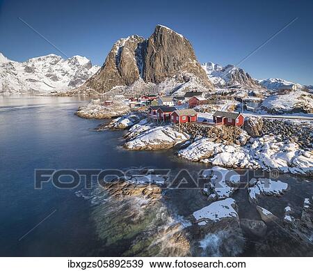 Rorbuer fishermen's cabins on the snowy fjord, village view of the fishing village Hamnoy, Hamnøya, Moskenesøy, Nordland, Lofoten, Norway, Europe View Large Photo Image Stock Photo - Rorbuer fishermen's cabins on the snowy fjord, village view of the fishing village Hamnoy, Hamnøya, Moskenesøy, Nordland, Lofoten, Norway, Europe. Fotosearch
