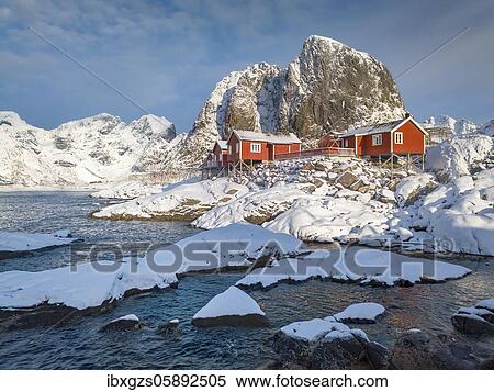 Rorbuer fishermen's cabins on the snowy fjord, village view of the fishing village Hamnoy, Hamnøya, Moskenesøy, Nordland, Lofoten, Norway, Europe View Large Photo Image Stock Photography - Rorbuer fishermen's cabins on the snowy fjord, village view of the fishing village Hamnoy, Hamnøya, Moskenesøy, Nordland, Lofoten, Norway, Europe. Fotosearch