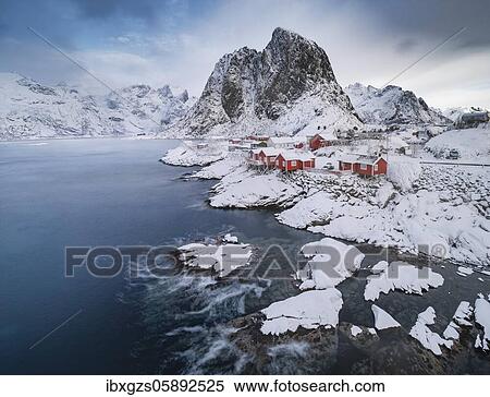 Rorbuer fishermen's cabins on the snowy fjord, village view of the fishing village Hamnoy, Hamnøya, Moskenesøy, Nordland, Lofoten, Norway, Europe View Large Photo Image Stock Photography - Rorbuer fishermen's cabins on the snowy fjord, village view of the fishing village Hamnoy, Hamnøya, Moskenesøy, Nordland, Lofoten, Norway, Europe. Fotosearch