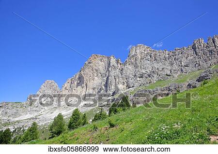 Stock Photo - Rose garden mountain range, Dolomites, South Tyrol, Italy, Europe. Fotosearch