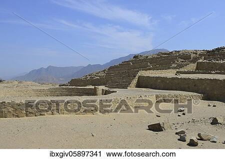 Stock Image - Ruins of Caral, oldest city in America, Unesco World Heritage Site, Rio Supe Valley, Peru, South America. Fotosearch