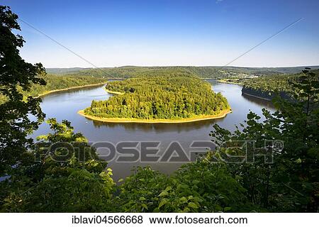 Stock Photo - Saaleschleife, Bleilochtalsperre dam, Naturpark Thüringer Schiefergebirge, Upper Saale, Thuringia, Germany, Europe. Fotosearch