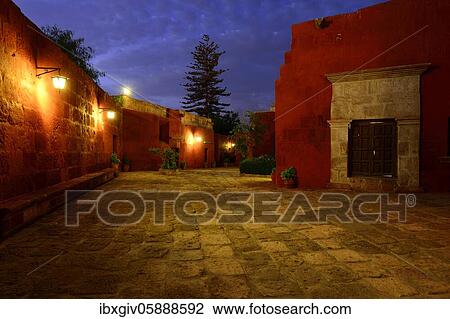 Stock Image - Santa Catalina convent at night, Arequipa, Peru, South America. Fotosearch