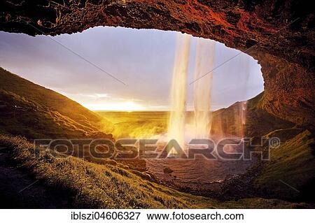 Seljalandsfoss waterfall in the back light, Seljalandsa river, South Island, Island View Large Photo Image Stock Photo - Seljalandsfoss waterfall in the back light, Seljalandsa river, South Island, Island. Fotosearch