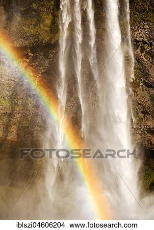 Seljalandsfoss waterfall with rainbow, Seljalandsa river, South Island, Island View Large Photo Image Picture - Seljalandsfoss waterfall with rainbow, Seljalandsa river, South Island, Island. Fotosearch