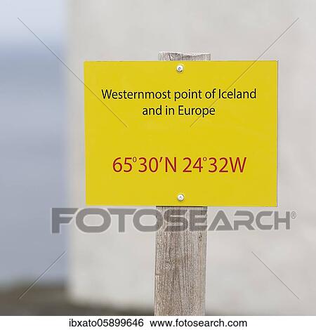 Stock Photograph - Shield, westernmost point of Iceland and Europe, with coordinates, Cape Bjargtangar, Látrabjarg, Vestfirðir Peninsula, Westfjords, Iceland, Europe. Fotosearch