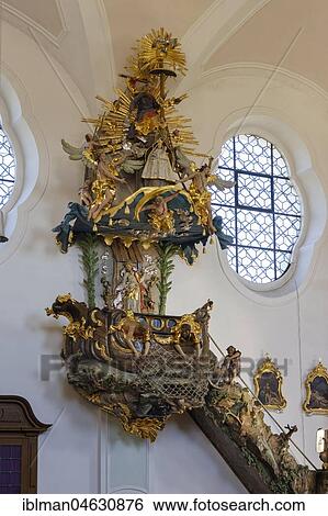 Stock Photograph - Ship's pulpit, pilgrimage church of the Assumption of the Virgin Mary, Weißenregen, near Bad Kötzting, Bavarian Forest, Upper Palatinate, Bavaria, Germany, Europe. Fotosearch