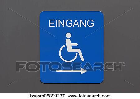 Sign with pictogram, entrance for wheelchair users, Potsdam, Brandenburg, Germany, Europe View Large Photo Image Stock Photo - Sign with pictogram, entrance for wheelchair users, Potsdam, Brandenburg, Germany, Europe. Fotosearch