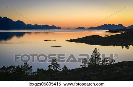 Stock Photography - Silhouette of a mountain range in the twilight at a fjord, in front conifers, Engavågen, Nordland, Norway, Europe. Fotosearch