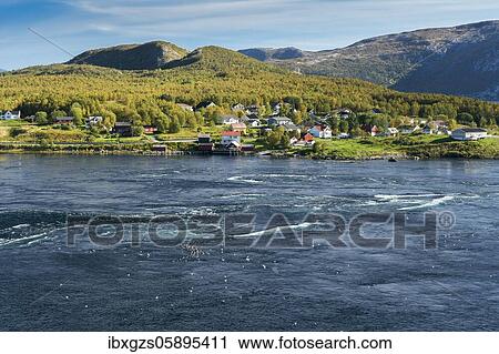 Stock Image - Small settlement on a fjord, behind mountains with wooded slopes, Saltstraumen, Nordland, Norway, Europe. Fotosearch