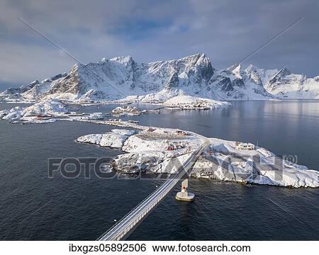 Snowy landscape by the fjord with Hamnoy bridge, drone picture, Hamnøy, Nordland, Lofoten, Norway, Europe View Large Photo Image Stock Photograph - Snowy landscape by the fjord with Hamnoy bridge, drone picture, Hamnøy, Nordland, Lofoten, Norway, Europe. Fotosearch