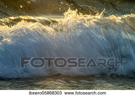 Stock Image - Spray, waves on the beach, sunset, long exposure, dynamic range, Porth Nanven, St. Just, Cornwall, Great Britain. Fotosearch
