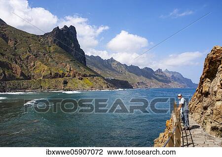 Steep coast in the Anaga Mountains with beach section Playa de Roque de las Bodegas near the township of Taganana, Almáciga, Tenerife, Canary Island, Spain, Europe View Large Photo Image Stock Image - Steep coast in the Anaga Mountains with beach section Playa de Roque de las Bodegas near the township of Taganana, Almáciga, Tenerife, Canary Island, Spain, Europe. Fotosearch