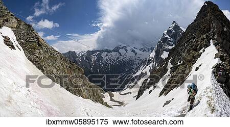 Stock Photography - Steep snow field, Scharte, hiker on the descent from the Mörchnerscharte to the Floitengrund, Kleiner and Großer Mörchner, Berliner Höhenweg, Zillertaler Alps, Zillertal, Tyrol, Austria, Europe. Fotosearch