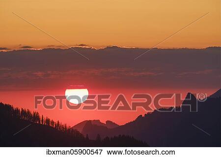 Stock Photo - Sunrise at Sudelfeld, near Bayrischzell, Mangfall mountains, Upper Bavaria, Bavaria, Germany, Europe. Fotosearch