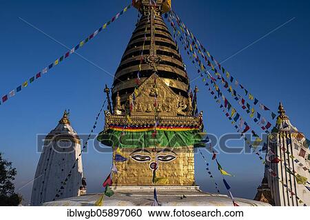 Stock Image - Swayambhunath, Stupa with the all-seeing eyes of Buddha, Buddhist sanctuary, temple complex, Kathmandu, Nepal, Asia. Fotosearch