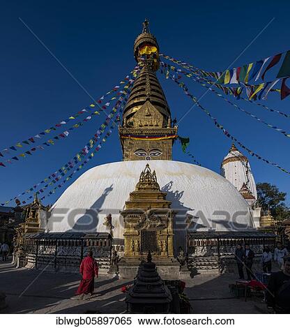 Stock Photography - Swayambhunath, Stupa with the all-seeing eyes of Buddha, Buddhist sanctuary, temple complex, Kathmandu, Nepal, Asia. Fotosearch