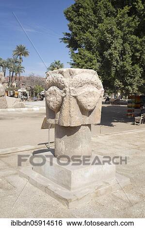Stock Photograph - The Hathor head, 1550-1069 BC circa, limestone, Mit Rahina museum, Memphis, Egypt, Africa. Fotosearch