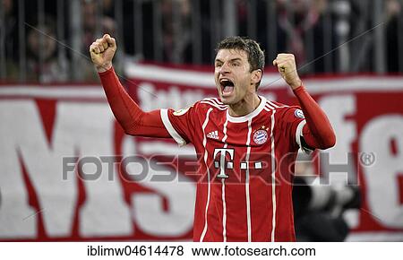 Stock Photo - Thomas Müller jubelt, FC Bayern Munich, Allianz Arena, Munich, Upper Bavaria, Germany, Europe. Fotosearch