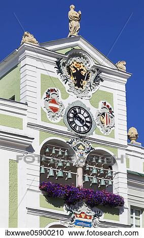 Stock Image - Town hall with ceramic carillon, Gmunden, Salzkammergut, Upper Austria, Austria, Europe. Fotosearch