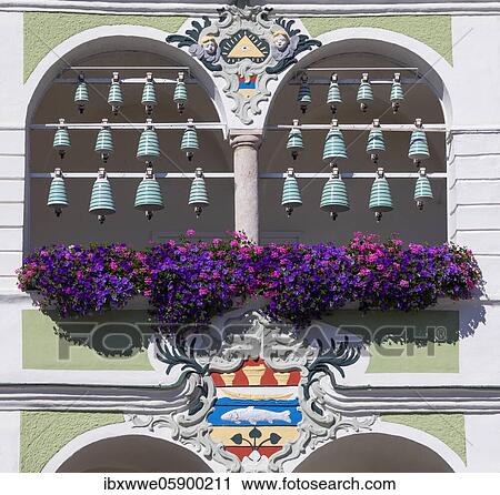 Stock Image - Town hall with ceramic carillon, Gmunden, Salzkammergut, Upper Austria, Austria, Europe. Fotosearch