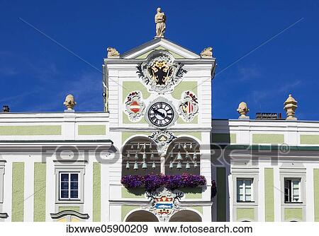 Stock Photo - Town hall with ceramic carillon, Gmunden, Salzkammergut, Upper Austria, Austria, Europe. Fotosearch