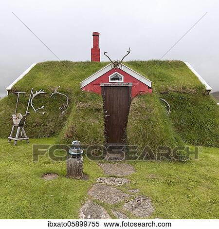 Traditional peat house Lindarbakki overgrown with grass and antlers in the red gable, Bakkagerði, Bakkagerdi, Borgarfjörður, Borgarfjördur, Austurland, Iceland, Europe View Large Photo Image Stock Photography - Traditional peat house Lindarbakki overgrown with grass and antlers in the red gable, Bakkagerði, Bakkagerdi, Borgarfjörður, Borgarfjördur, Austurland, Iceland, Europe. Fotosearch