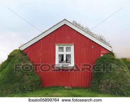 Picture - Traditional peat house Lindarbakki with red gable wall, Bakkagerði, Bakkagerdi, Borgarfjörður, Borgarfjördur, Austurland, Iceland, Europe. Fotosearch