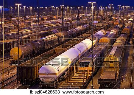 Stock Image - Train formation plant in the suburb of Vorhalle, marshalling yard, freight trains, Hagen, Ruhr area, North Rhine-Westphalia, Germany, Europe. Fotosearch