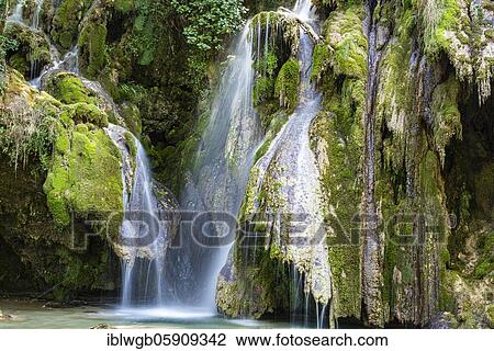 Stock Image - Tufs waterfall, Cascada des Tufs, Arbois, Franche-Comte, French Jura, France, Europe. Fotosearch