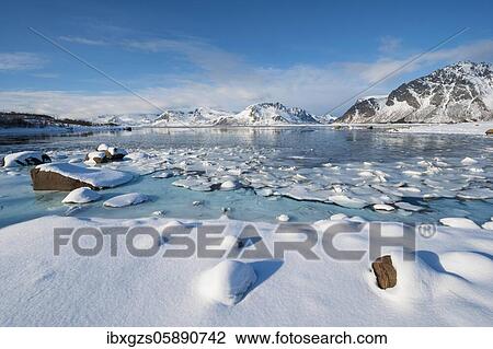 Turquoise lagoon with snow surface and ice floes, behind it snow covered mountains, Nordland, Lofoten, Norway, Europe View Large Photo Image Stock Image - Turquoise lagoon with snow surface and ice floes, behind it snow covered mountains, Nordland, Lofoten, Norway, Europe. Fotosearch