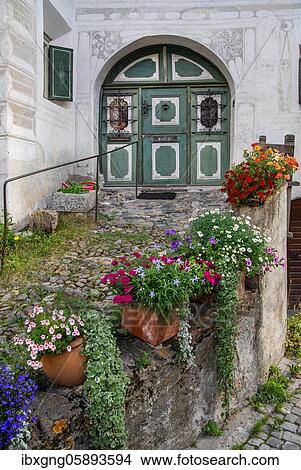 Picture - Typical front door, mountain village Guarda, Inn valley, Lower Engadine, Engadine, Grisons, Switzerland, Europe. Fotosearch