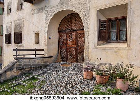 Typical front door, mountain village Guarda, Inn valley, Lower Engadine, Engadine, Grisons, Switzerland, Europe View Large Photo Image Picture - Typical front door, mountain village Guarda, Inn valley, Lower Engadine, Engadine, Grisons, Switzerland, Europe. Fotosearch