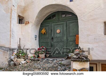 Typical front door, mountain village Guarda, Inn valley, Lower Engadine, Engadine, Grisons, Switzerland, Europe View Large Photo Image Stock Image - Typical front door, mountain village Guarda, Inn valley, Lower Engadine, Engadine, Grisons, Switzerland, Europe. Fotosearch
