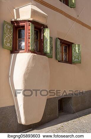 Stock Image - Typical house oriel, mountain village Guarda, Inn valley, Lower Engadine, Engadine, Grisons, Switzerland, Europe. Fotosearch