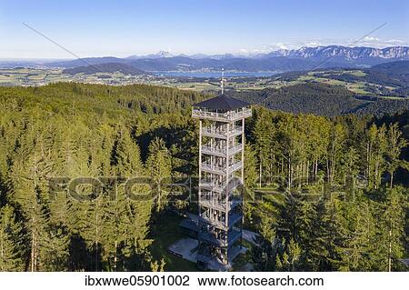 Stock Image - UAV photo, Lichtenberg observation tower with view of the Attersee, Sankt Georgen in Attergau, Salzkammergut, Upper Austria, Austria, Europe. Fotosearch