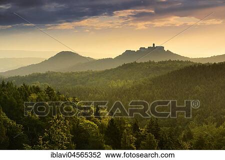 Stock Image - View from Rennsteig to the Wartburg Castle, Morning Mood, Thuringian Forest, Eisenach, Thuringia, Germany, Europe. Fotosearch