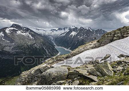 Stock Photo - View from the Berliner Höhenweg, Schlegeis reservoir, Schlegeis reservoir, Zillertal Alps, Schlegeiskees glacier, Zillertal, Tyrol, Austria, Europe. Fotosearch