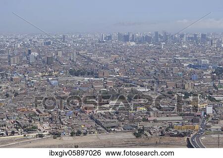Stock Photograph - View from the Cerro San Cristóbal viewpoint to the capital, Lima, Peru, South America. Fotosearch