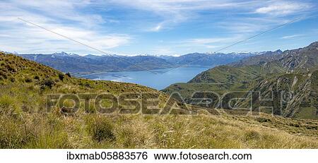 Stock Photograph - View from the Grandview Mountain Track to the lake, Lake Hāwea, Southern Alps, Otago, South Island, New Zealand, Oceania. Fotosearch
