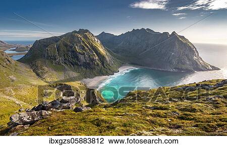 Stock Image - View from the summit to Kvalvika beach and wide sea, Ryten summit, Fredvang, Lofoten, Nordland, Norway, Europe. Fotosearch