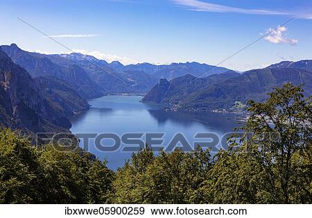 View from the tree top walk Salzkammergut at Grünberg to the Lake Traun and Traunkirchen, Gmunden, Salzkammergut, Upper Austria, Austria, Europe View Large Photo Image Stock Photo - View from the tree top walk Salzkammergut at Grünberg to the Lake Traun and Traunkirchen, Gmunden, Salzkammergut, Upper Austria, Austria, Europe. Fotosearch