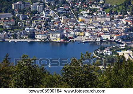 Picture - View from the tree top walk to the Lake Traun and Gmunden, Salzkammergut, Upper Austria, Austria, Europe. Fotosearch