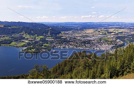 Stock Photo - View from the tree top walk to the Lake Traun Castle Ort and Gmunden, Salzkammergut, Upper Austria, Austria, Europe. Fotosearch
