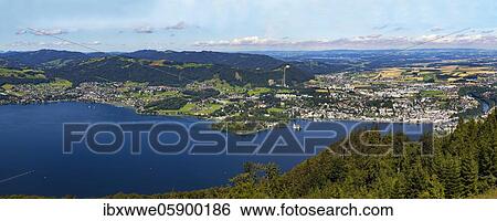 Stock Photograph - View from the tree top walk to the Lake Traun Traunkirchen and Gmunden, Salzkammergut, Upper Austria, Austria, Europe. Fotosearch
