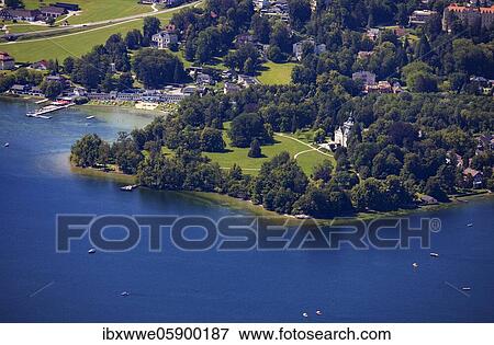 Stock Photo - View from the tree top walk to Toscana Park, Lake Traun and Gmunden, Salzkammergut, Upper Austria, Austria, Europe. Fotosearch