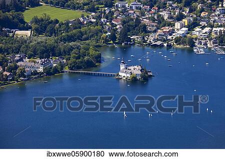 Stock Image - View from the treetop path at Grünberg to Lake Traun Castle Ort and Gmunden, Salzkammergut, Upper Austria, Austria, Europe. Fotosearch